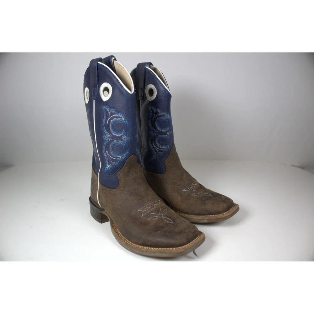 Old West Youth 3 D Western Boots Broad Square Toe Brown Blue Leather Cowboy